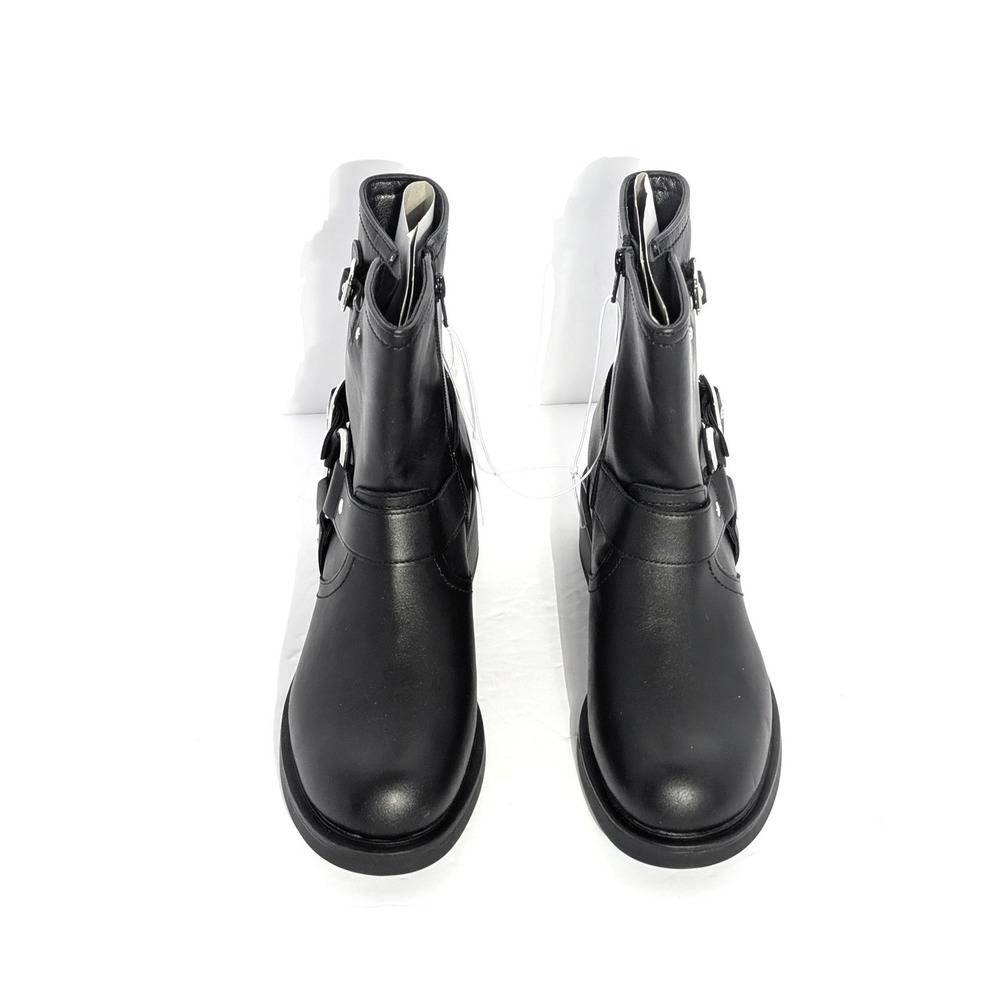 Black Moto Harness Ankle Boot 11 Buckle Strap Biker Western Side Zip Chunky Heel - Picture 5 of 6